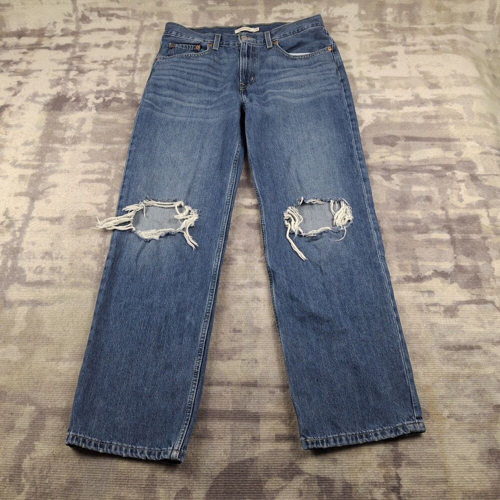 Levis Low Pro Straight Jeans Womens 30 Distressed Ripped Knee Blue Denim...